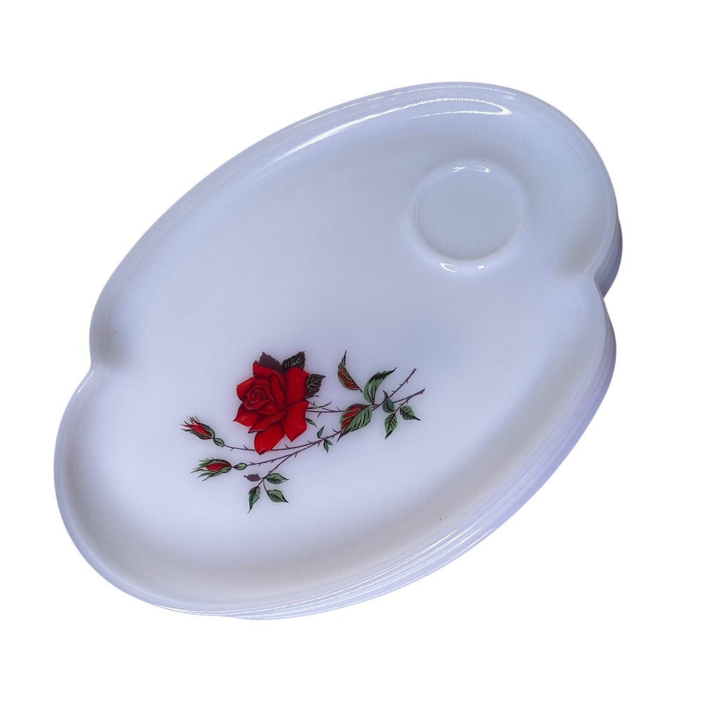 Rosecrest Federal Glass Vintage Milk Glass Red Rose Snack Plates Set of 4